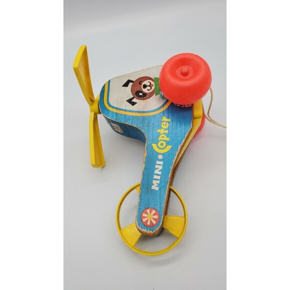 Vintage Fisher Price Mini Copter Pull Toy #448 Wooden Helicopter 1970 0320 - Picture 8 of 12